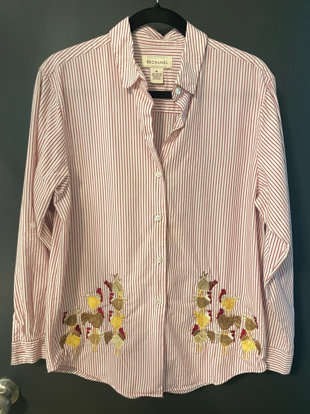 Bechamel Embroidered Rooster Striped Cotton Button-Up Shirt M